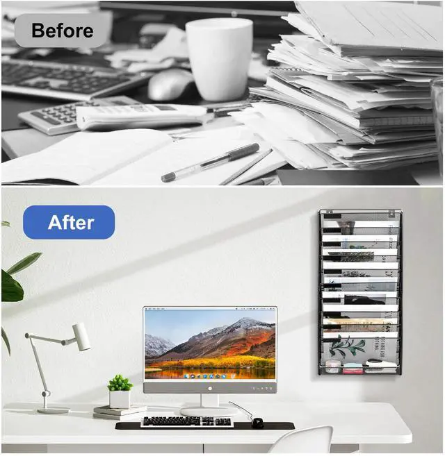 Alt view image 7 of 7 - EasyPAG 14-Tier Mesh Metal Wall File Organizer | Tool-Free Hanging Organizer with Label Panels & Flat Tray for Office Home, 13 Folders Capacity + White Labels (11-Tier Black)