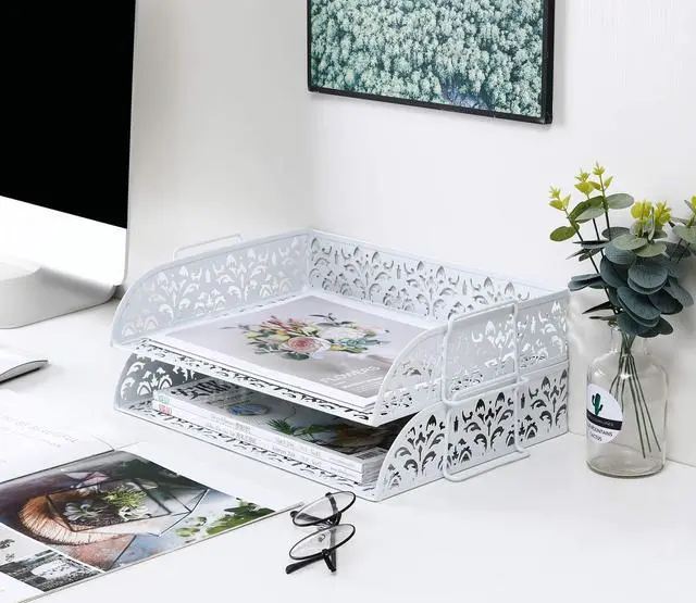 Alt view image 5 of 7 - EasyPAG 2-Tier Stackable Desk Tray, Heavy-Duty Metal File Organizer - No Assembly, Space-Saving for A4 Paper, Binders & Office Supplies, White