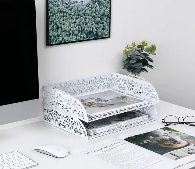 Alt view image 7 of 7 - EasyPAG 2-Tier Stackable Desk Tray, Heavy-Duty Metal File Organizer - No Assembly, Space-Saving for A4 Paper, Binders & Office Supplies, White