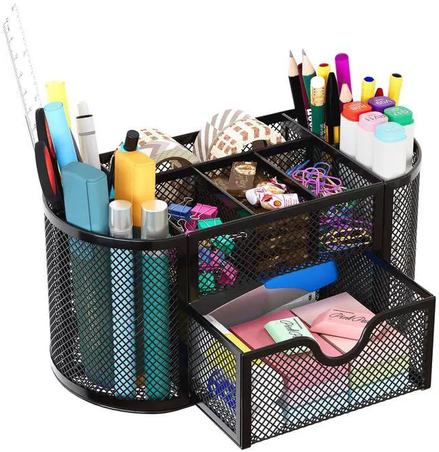 Main image of EasyPAG Mesh Desk Organizer with 8 Compartments & Drawer Metal Office Storage for Home, School, Workspace, Black