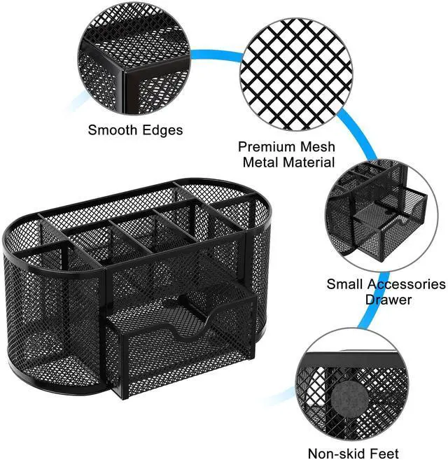 Alt view image 4 of 7 - EasyPAG Mesh Desk Organizer with 8 Compartments & Drawer Metal Office Storage for Home, School, Workspace, Black