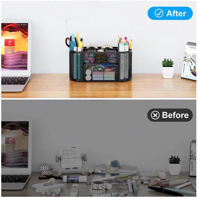 Alt view image 5 of 7 - EasyPAG Mesh Desk Organizer with 8 Compartments & Drawer Metal Office Storage for Home, School, Workspace, Black