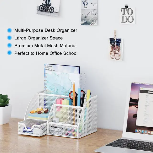 Alt view image 2 of 7 - Mesh Desk Organizer with Drawer Multi-functional Pen Holder Stationery Organizer for Office School Supplies 6 Compartments Dorm Organizers and Storage for Desk, White
