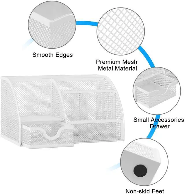 Alt view image 3 of 7 - Mesh Desk Organizer with Drawer Multi-functional Pen Holder Stationery Organizer for Office School Supplies 6 Compartments Dorm Organizers and Storage for Desk, White