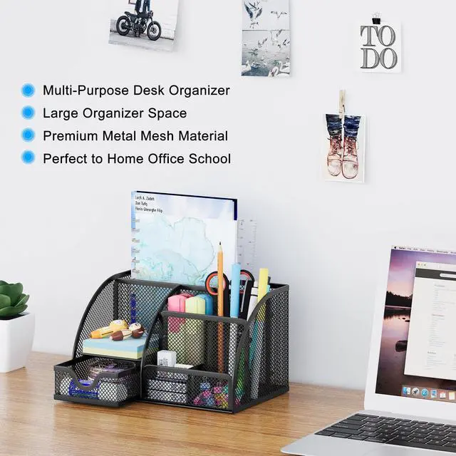 Alt view image 2 of 7 - Mesh Desk Organizer with Drawer Multi-functional Pen Holder Stationery Organizer for Office School Supplies 6 Compartments Dorm Organizers and Storage for Desk, Black