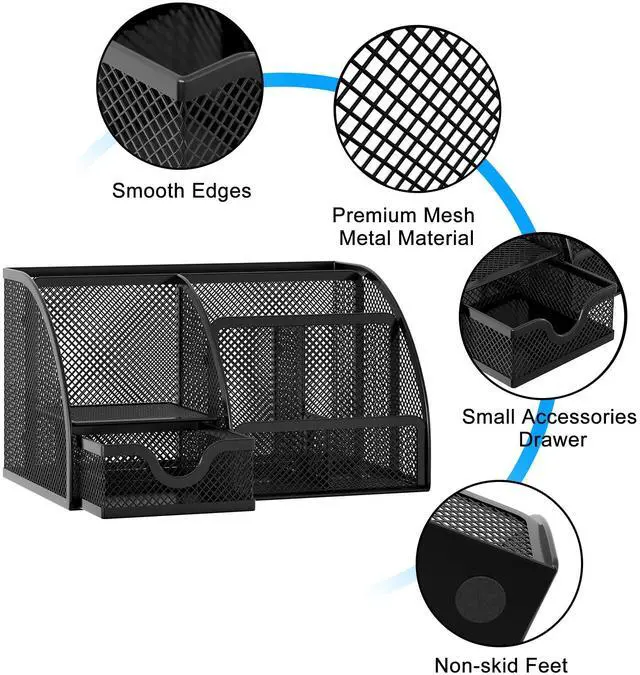 Alt view image 3 of 7 - Mesh Desk Organizer with Drawer Multi-functional Pen Holder Stationery Organizer for Office School Supplies 6 Compartments Dorm Organizers and Storage for Desk, Black