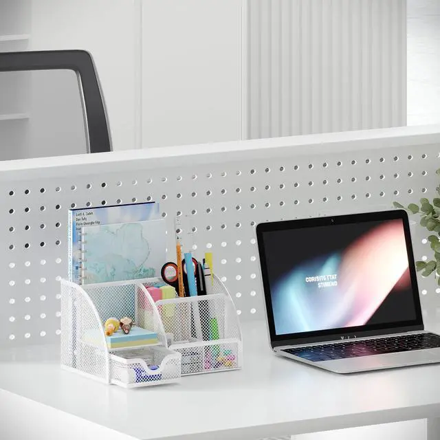 Alt view image 5 of 7 - Mesh Desk Organizer with Drawer Multi-functional Pen Holder Stationery Organizer for Office School Supplies 6 Compartments Dorm Organizers and Storage for Desk, White