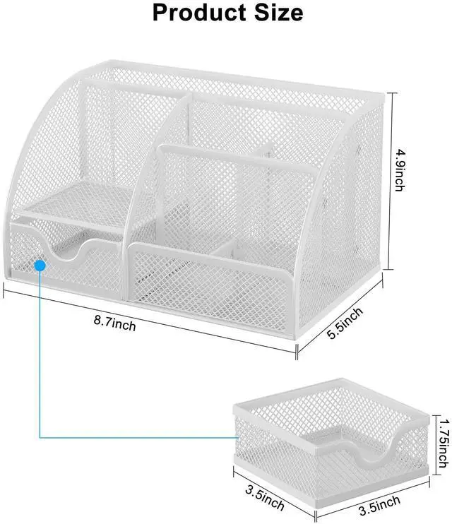 Alt view image 7 of 7 - Mesh Desk Organizer with Drawer Multi-functional Pen Holder Stationery Organizer for Office School Supplies 6 Compartments Dorm Organizers and Storage for Desk, White