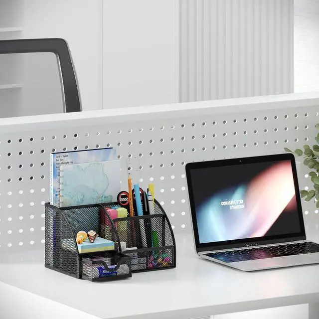 Alt view image 5 of 7 - Mesh Desk Organizer with Drawer Multi-functional Pen Holder Stationery Organizer for Office School Supplies 6 Compartments Dorm Organizers and Storage for Desk, Black