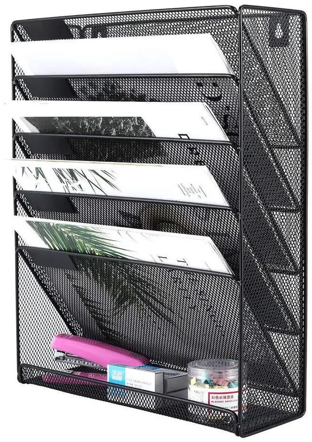 Alt view image 2 of 7 - EasyPAG Vertical Desk & Wall File Organizer 5-Tier Metal Mail Holder with Bottom Tray Clutter-Free Office Organizer for Small Spaces, Black