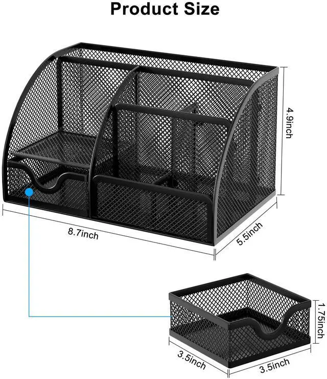 Alt view image 7 of 7 - Mesh Desk Organizer with Drawer Multi-functional Pen Holder Stationery Organizer for Office School Supplies 6 Compartments Dorm Organizers and Storage for Desk, Black