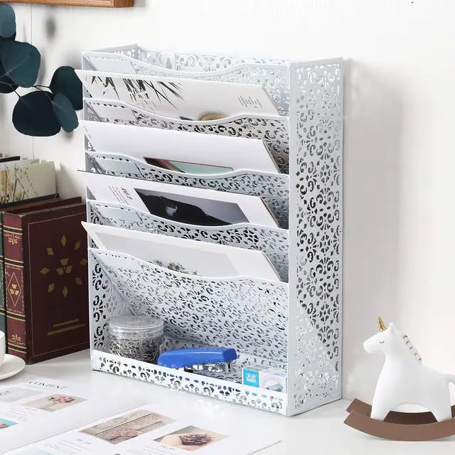 Alt view image 4 of 5 - EasyPAG Desk File Organizer Heavy Duty Metal Wall Mount File Holder 5 Tier Mail Paper Folder Holder with Bottom Tray for Office Home Cubicle Countertop, White