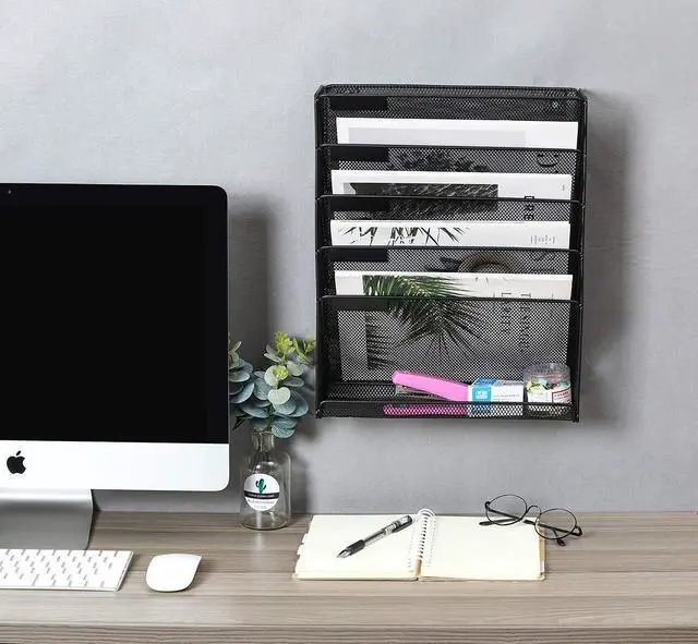 Alt view image 6 of 7 - EasyPAG Vertical Desk & Wall File Organizer 5-Tier Metal Mail Holder with Bottom Tray Clutter-Free Office Organizer for Small Spaces, Black