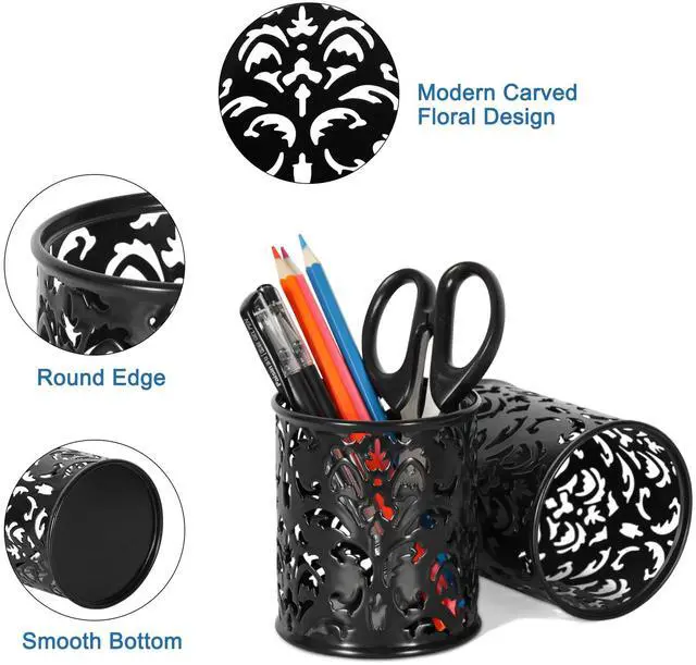 Alt view image 2 of 7 - EasyPAG Metal Round Pencil Holder 2 Pack Black Pen Cup Holders Organizer for Desk