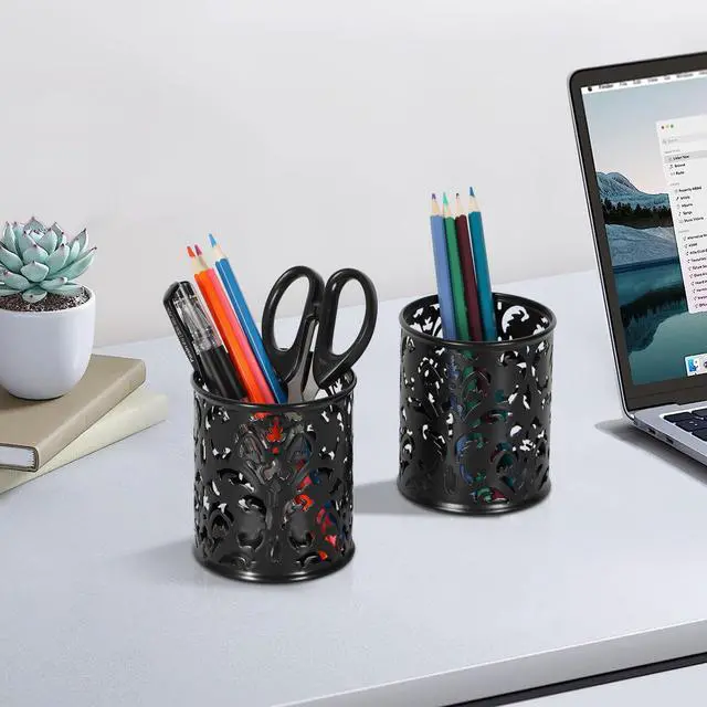 Alt view image 7 of 7 - EasyPAG Metal Round Pencil Holder 2 Pack Black Pen Cup Holders Organizer for Desk