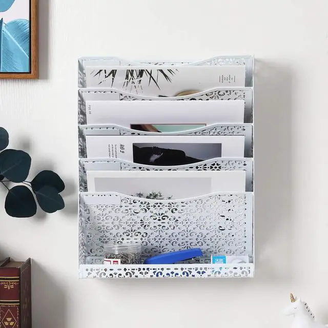 Alt view image 5 of 5 - EasyPAG Desk File Organizer Heavy Duty Metal Wall Mount File Holder 5 Tier Mail Paper Folder Holder with Bottom Tray for Office Home Cubicle Countertop, White