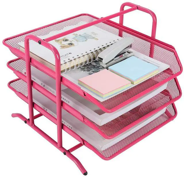 Alt view image 2 of 6 - EasyPAG Desk Organizer Tray with 3 Sliding Trays for Letters  Documents Mail Files Paper, Pink