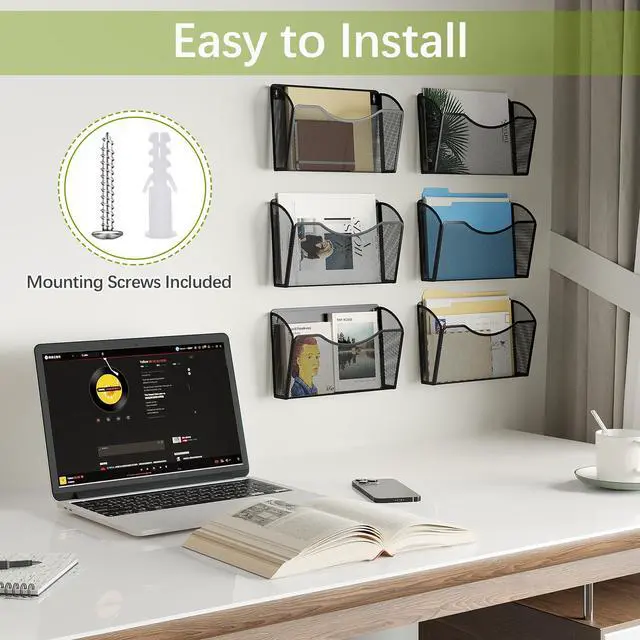 Alt view image 5 of 7 - EasyPAG EasyPAG 6 Pack Mesh Wall File Organizer | Vertical Mounted Single Pocket Holder for A4/Letter Size Files - Rust-Proof Metal Organizer for Office, Home, School, Black