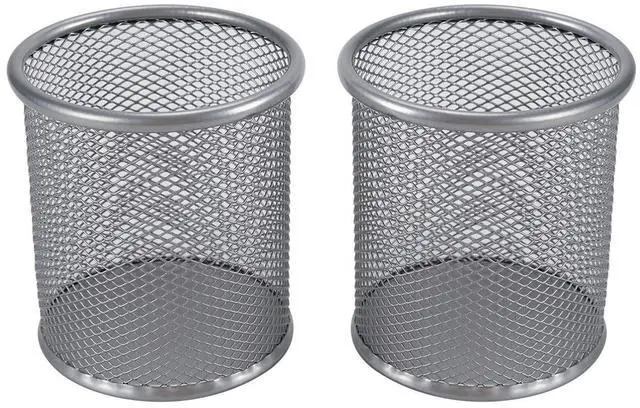 Main image of EasyPAG Round Mesh Pencil Holder 2 Pack Pen Holders Desk Pen Cups Organizer for Home, School Office, Silver