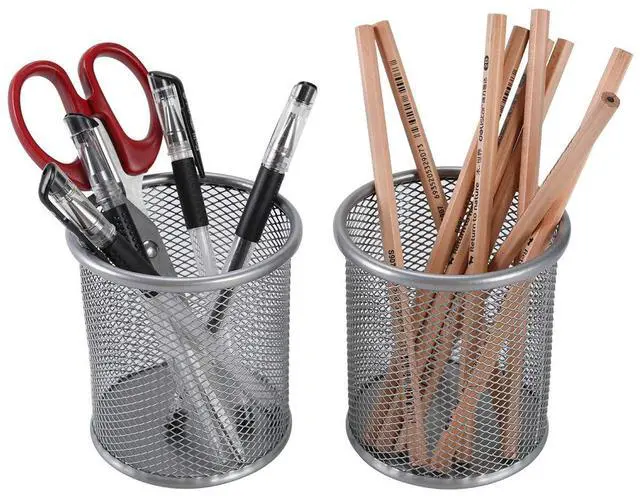 Alt view image 4 of 6 - EasyPAG Round Mesh Pencil Holder 2 Pack Pen Holders Desk Pen Cups Organizer for Home, School Office, Silver