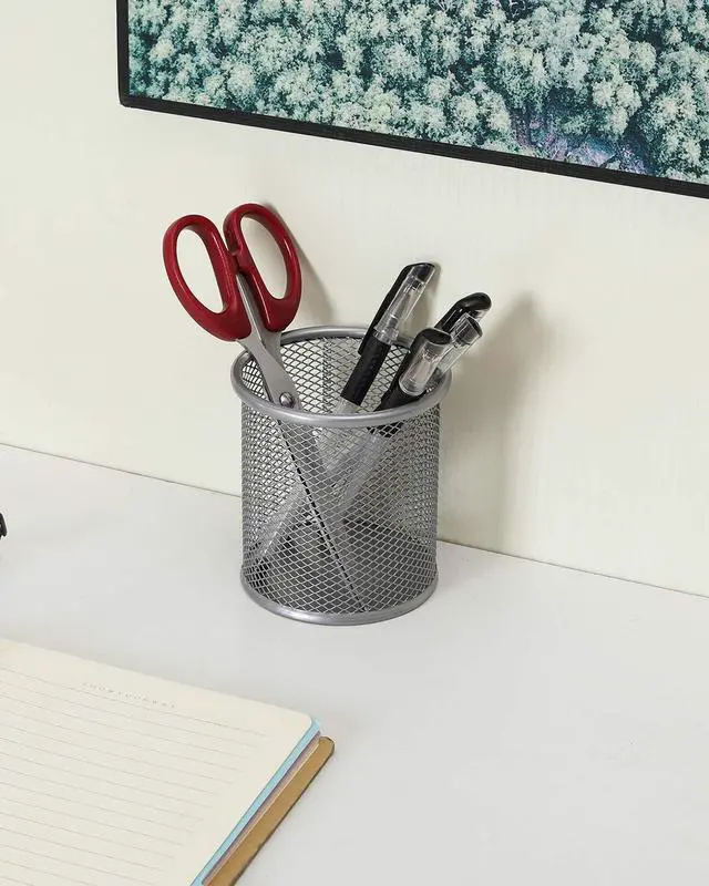 Alt view image 5 of 6 - EasyPAG Round Mesh Pencil Holder 2 Pack Pen Holders Desk Pen Cups Organizer for Home, School Office, Silver