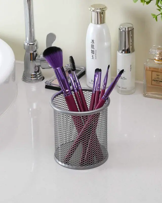 Alt view image 6 of 6 - EasyPAG Round Mesh Pencil Holder 2 Pack Pen Holders Desk Pen Cups Organizer for Home, School Office, Silver