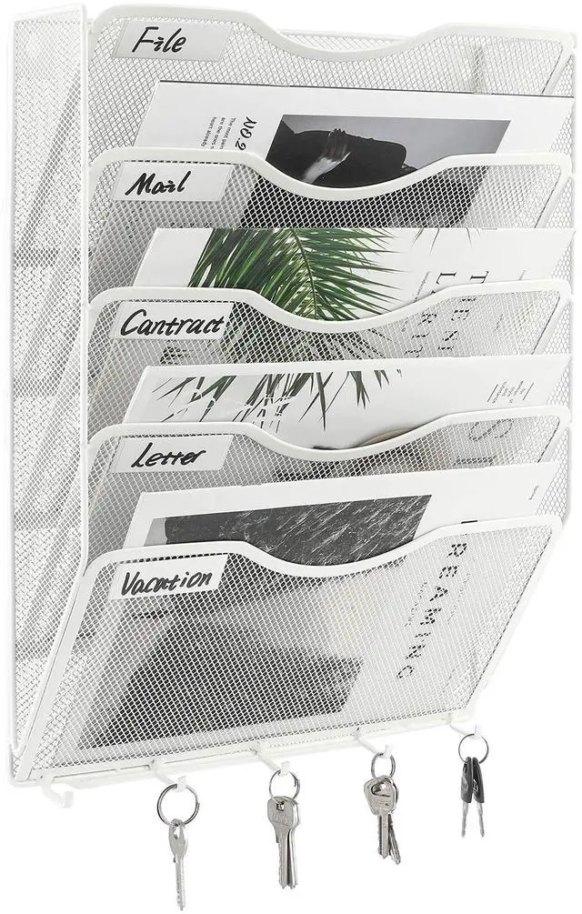 Main image of EasyPAG 5-Tier Mesh Wall File Organizer with 5 Key Hooks - Vertical Hanging Mail/Paper Rack, Metal Frame & Removable Labels for Office, Classroom, Entryway ,White