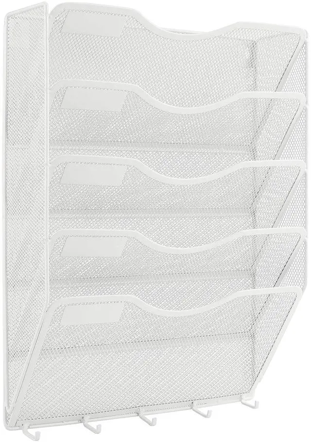 Alt view image 2 of 5 - EasyPAG 5-Tier Mesh Wall File Organizer with 5 Key Hooks - Vertical Hanging Mail/Paper Rack, Metal Frame & Removable Labels for Office, Classroom, Entryway ,White