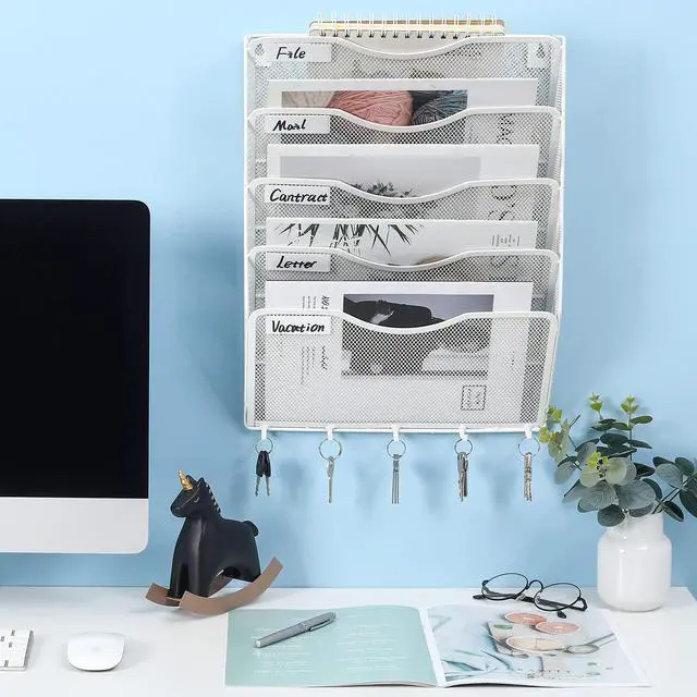 Alt view image 3 of 5 - EasyPAG 5-Tier Mesh Wall File Organizer with 5 Key Hooks - Vertical Hanging Mail/Paper Rack, Metal Frame & Removable Labels for Office, Classroom, Entryway ,White