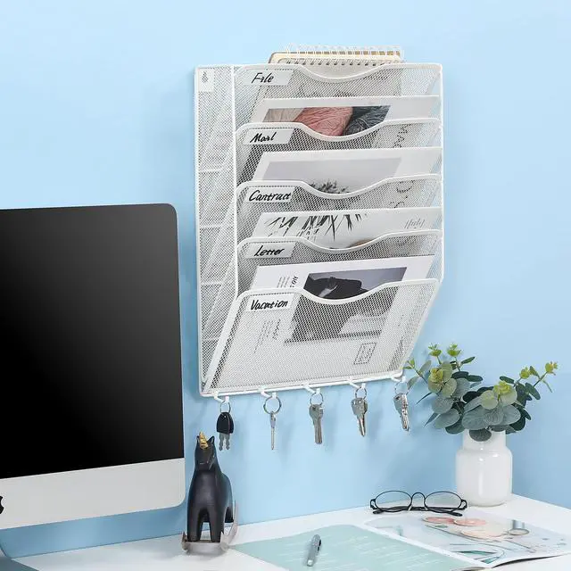 Alt view image 4 of 5 - EasyPAG 5-Tier Mesh Wall File Organizer with 5 Key Hooks - Vertical Hanging Mail/Paper Rack, Metal Frame & Removable Labels for Office, Classroom, Entryway ,White