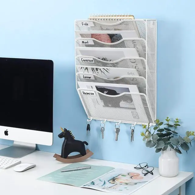 Alt view image 5 of 5 - EasyPAG 5-Tier Mesh Wall File Organizer with 5 Key Hooks - Vertical Hanging Mail/Paper Rack, Metal Frame & Removable Labels for Office, Classroom, Entryway ,White
