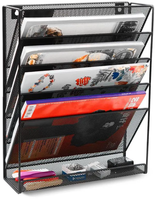 Main image of EasyPAG Desk & Wall Mount 5-Tier File Organizer with Label Slots & Tray - Metal Mesh Vertical Hanging Rack for Mail, Documents & Office Supplies, Black