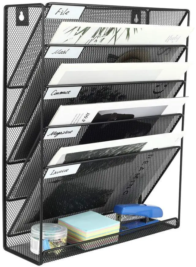 Alt view image 2 of 7 - EasyPAG Desk & Wall Mount 5-Tier File Organizer with Label Slots & Tray - Metal Mesh Vertical Hanging Rack for Mail, Documents & Office Supplies, Black