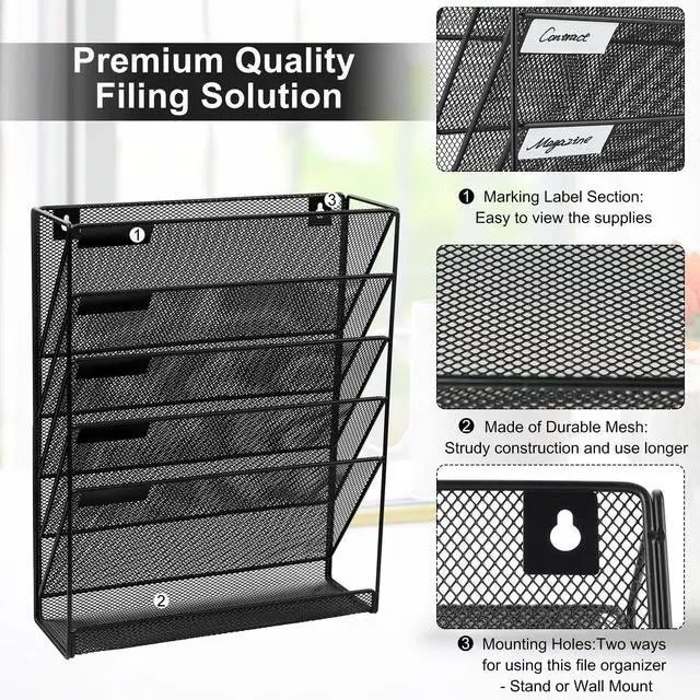 Alt view image 3 of 7 - EasyPAG Desk & Wall Mount 5-Tier File Organizer with Label Slots & Tray - Metal Mesh Vertical Hanging Rack for Mail, Documents & Office Supplies, Black