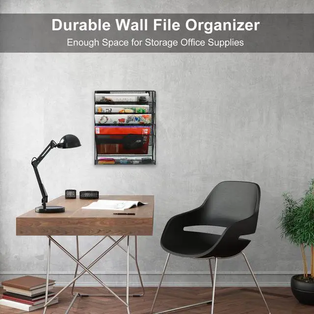 Alt view image 5 of 7 - EasyPAG Desk & Wall Mount 5-Tier File Organizer with Label Slots & Tray - Metal Mesh Vertical Hanging Rack for Mail, Documents & Office Supplies, Black