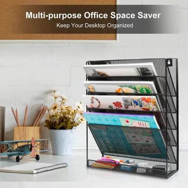 Alt view image 6 of 7 - EasyPAG Desk & Wall Mount 5-Tier File Organizer with Label Slots & Tray - Metal Mesh Vertical Hanging Rack for Mail, Documents & Office Supplies, Black