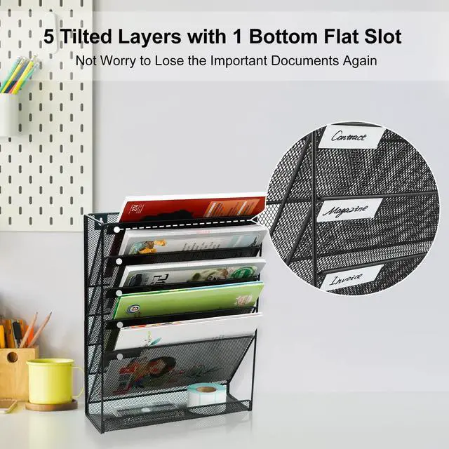 Alt view image 4 of 7 - EasyPAG Desk & Wall Mount 5-Tier File Organizer with Label Slots & Tray - Metal Mesh Vertical Hanging Rack for Mail, Documents & Office Supplies, Black