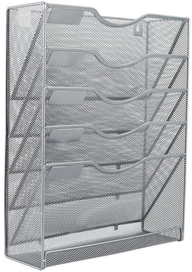 Main image of EasyPAG Wall File Organizer Mesh 5 Tier Wall File Holder Desktop Vertical Hanging File Folder Organizer with Bottom Flat Tray Sides Closed,Silver