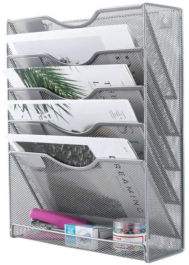 Alt view image 3 of 7 - EasyPAG Wall File Organizer Mesh 5 Tier Wall File Holder Desktop Vertical Hanging File Folder Organizer with Bottom Flat Tray Sides Closed,Silver