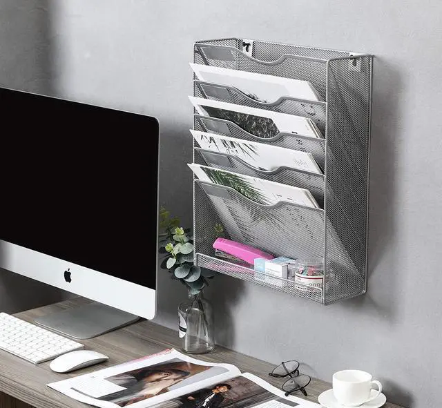 Alt view image 4 of 7 - EasyPAG Wall File Organizer Mesh 5 Tier Wall File Holder Desktop Vertical Hanging File Folder Organizer with Bottom Flat Tray Sides Closed,Silver