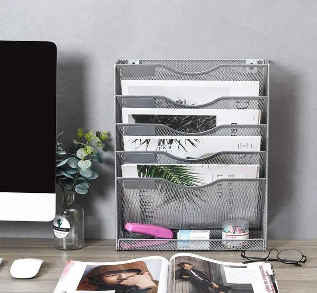 Alt view image 5 of 7 - EasyPAG Wall File Organizer Mesh 5 Tier Wall File Holder Desktop Vertical Hanging File Folder Organizer with Bottom Flat Tray Sides Closed,Silver