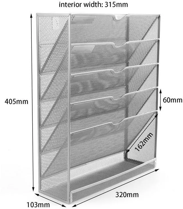 Alt view image 2 of 7 - EasyPAG Wall File Organizer Mesh 5 Tier Wall File Holder Desktop Vertical Hanging File Folder Organizer with Bottom Flat Tray Sides Closed,Silver