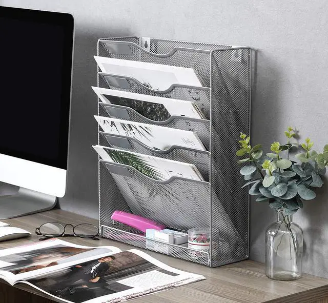Alt view image 6 of 7 - EasyPAG Wall File Organizer Mesh 5 Tier Wall File Holder Desktop Vertical Hanging File Folder Organizer with Bottom Flat Tray Sides Closed,Silver