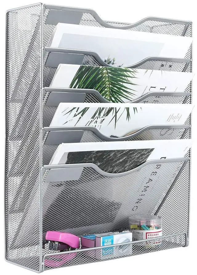 Alt view image 7 of 7 - EasyPAG Wall File Organizer Mesh 5 Tier Wall File Holder Desktop Vertical Hanging File Folder Organizer with Bottom Flat Tray Sides Closed,Silver