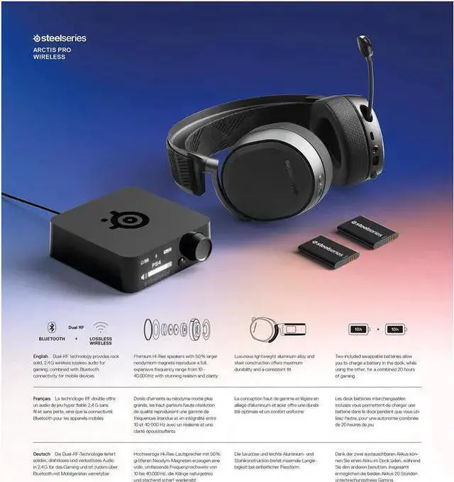 Alt view image 5 of 5 - SteelSeries Arctis Pro Wireless Gaming Headset - Lossless High Fidelity Wireless + Bluetooth - PlayStation 4 & PC