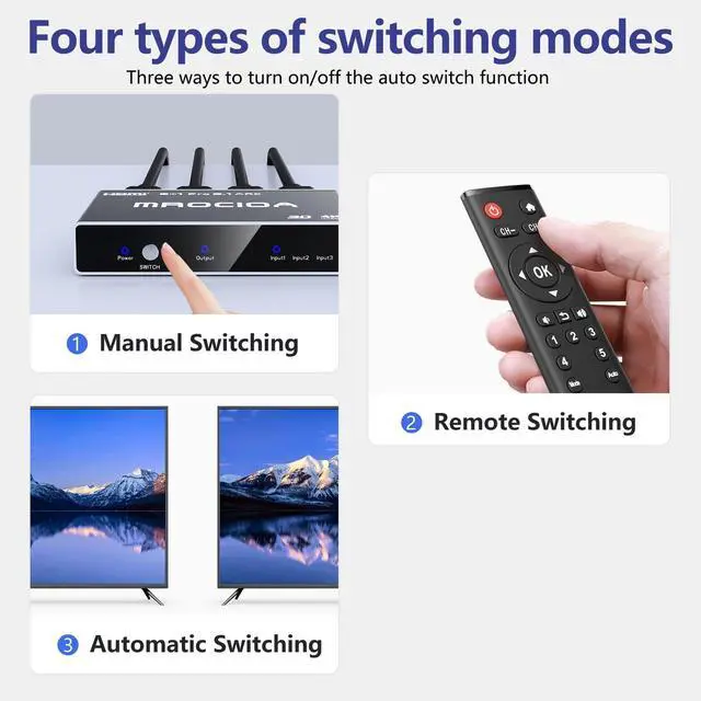 Alt view image 6 of 6 - Mrocioa HDMI Switch with Arc, 3 in 1 Out 4K@60Hz Metal HDMI Switch Splitter, HDMI 2.0 Splitter Box with Remote for PS5/Xbox One/OLED TV/Sky Box