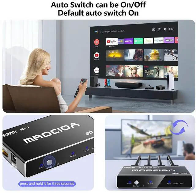 Alt view image 4 of 7 - Mrocioa Hdmi Splitter,Mrocioa 4K 60hz 3 Ports Hdmi switch box with IR Remote Control