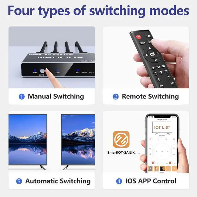 Alt view image 6 of 7 - Mrocioa HDMI 2.1 Switch 8k@60hz Hdmi Splitter, Aluminum ARC HDMI Switcher 3 in 1 Out with IR Remote