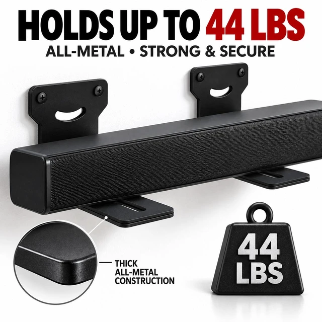 Alt view image 2 of 7 - Universal Soundbar Wall Mount Bracket, Metal Speaker Shelf, Black, holds up to 44LBS for most soundbars