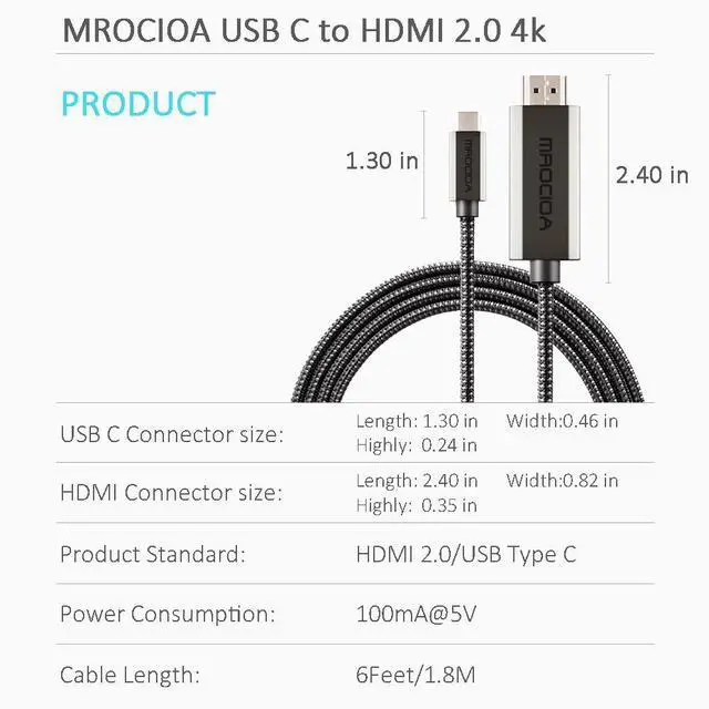 Alt view image 7 of 7 - Mrocioa USB C to HDMI Cable 6FT/1.8m, USB C to Hdmi Adapter 4K@60Hz, Type C to HDMI Cord Thunderbolt 3/4/5 Compatible for iPhone 15/16 Series, MacBook, iMac, iPad Pro, Galaxy